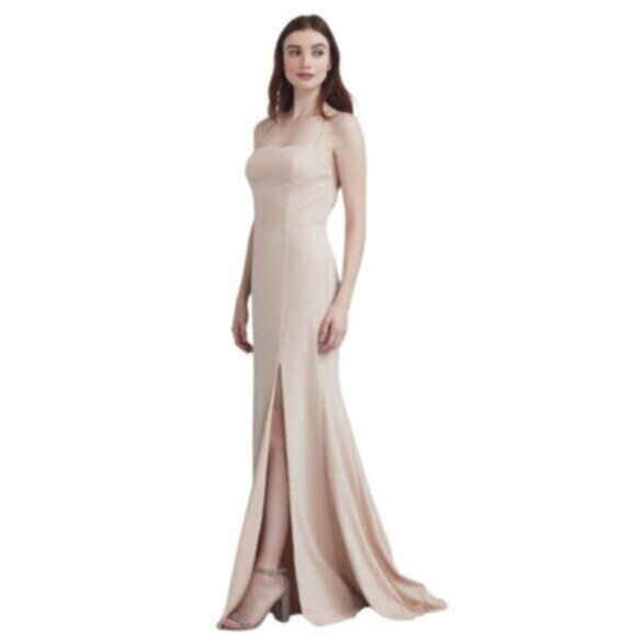 Amsale Nude Beige Spaghetti Strap Maxi Evening Gown - Picture 1 of 14